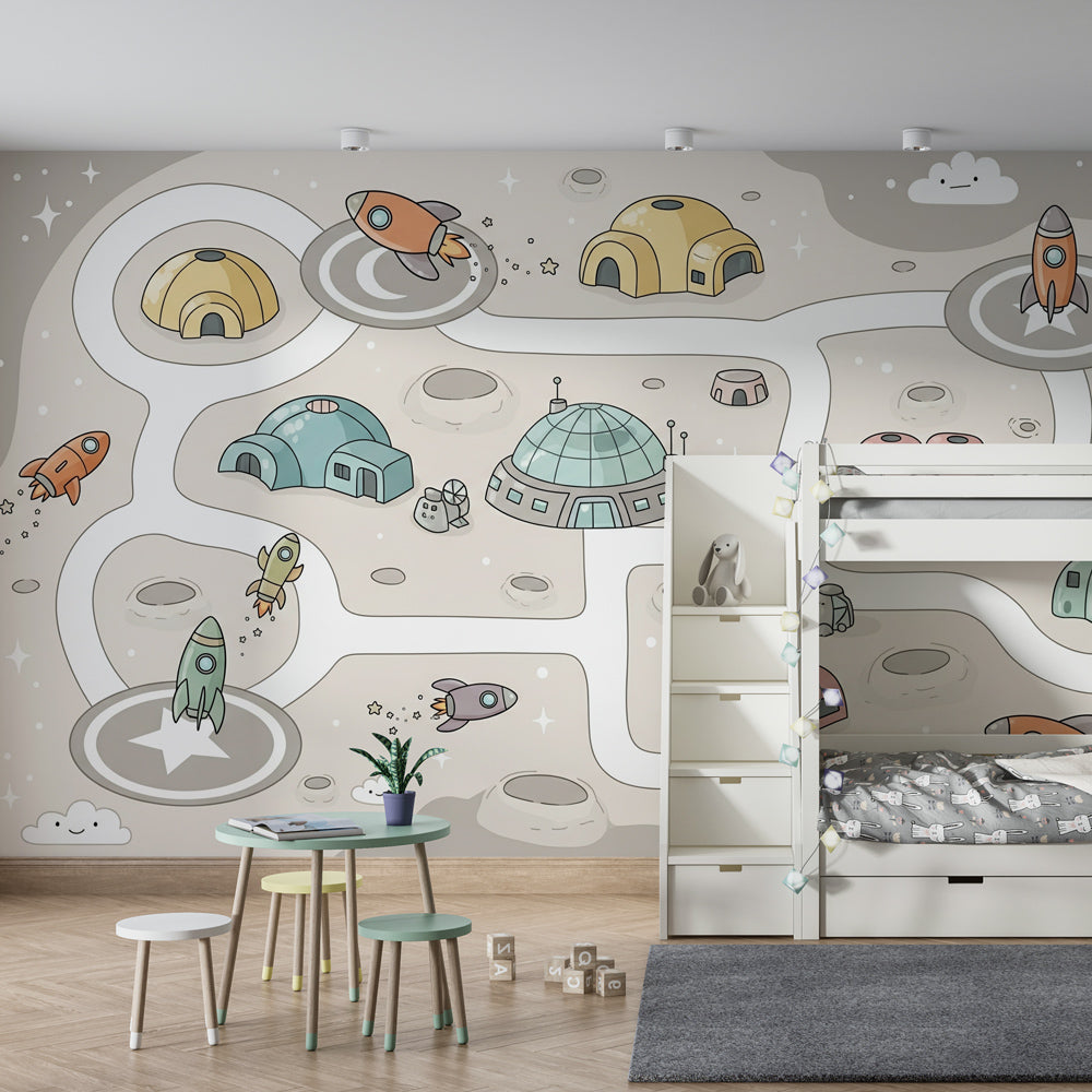 Colorful space adventure wallpaper creating imaginative kids bedroom decor with rockets and stars