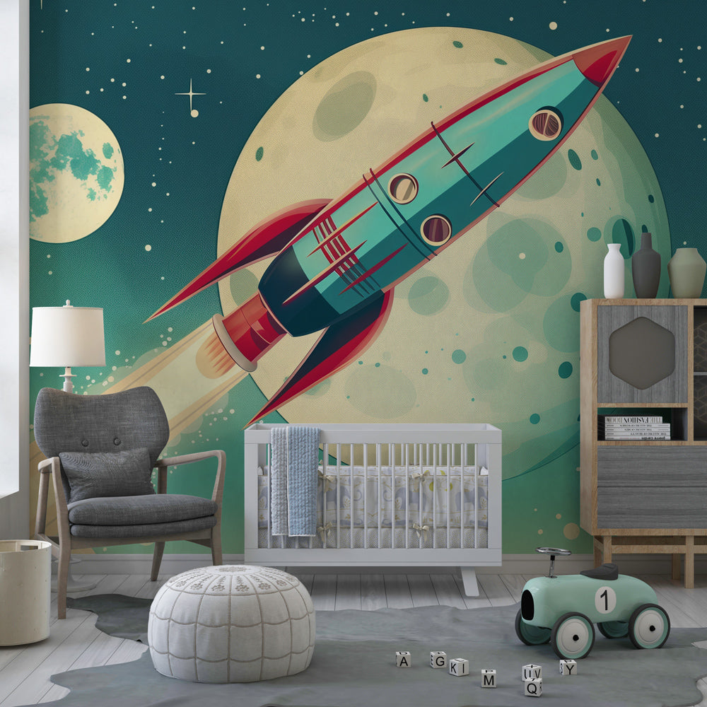 Retro rocket wallpaper transforming kids bedroom into cosmic adventure space by Kids-Mundo