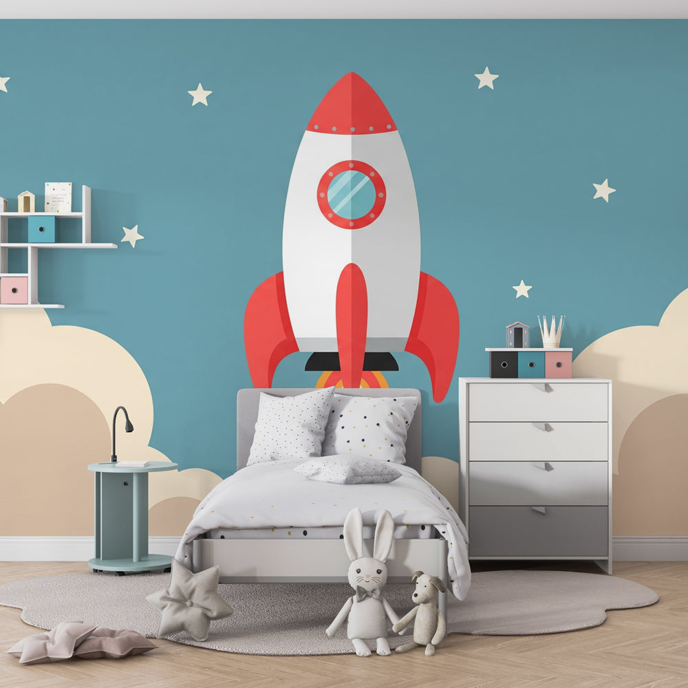 Starry sky rocket wallpaper transforming children's bedroom with celestial theme and natural wood furniture