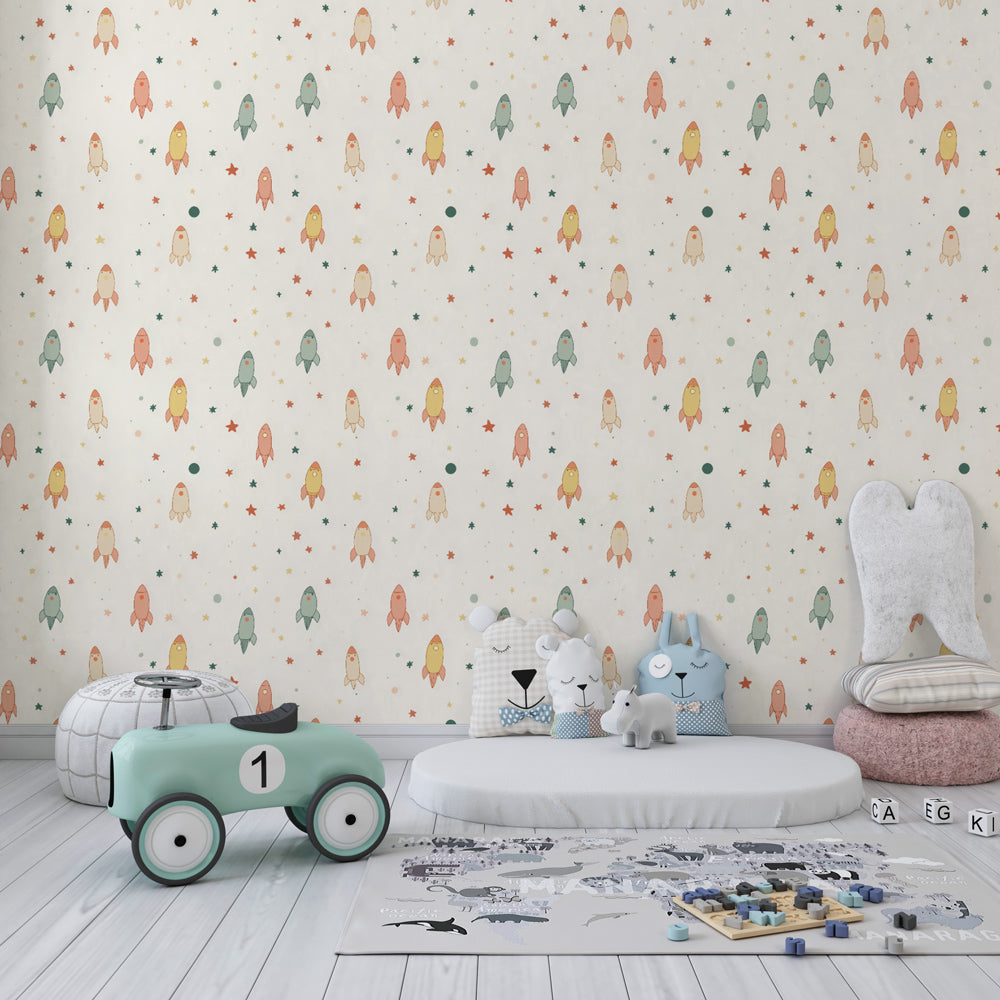 Colorful rocket wallpaper creating adventure-themed kids bedroom with space exploration design