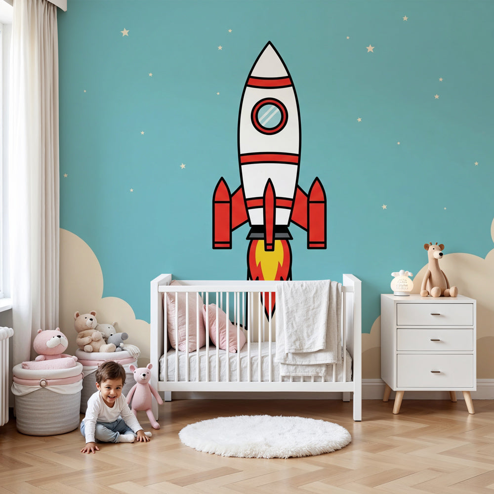 Space rocket mural wallpaper in modern nursery room with clouds and stars by Kids-Mundo
