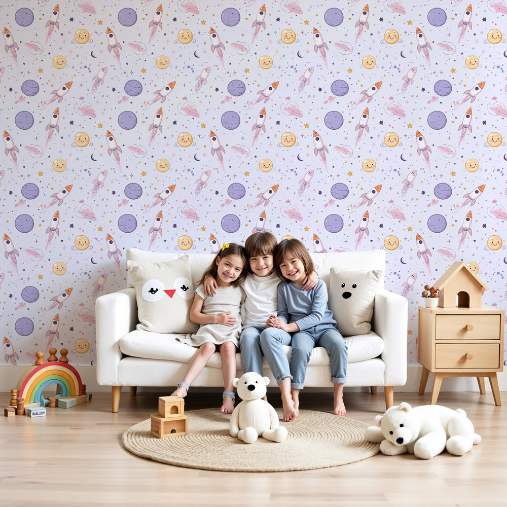 Space rocket mural wallpaper decorating modern nursery with colorful galaxy theme by Kids-Mundo