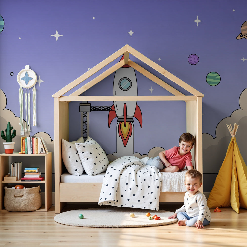 Space rocket mural wallpaper creating cosmic nursery decor with launch pad and planets by Kids-Mundo