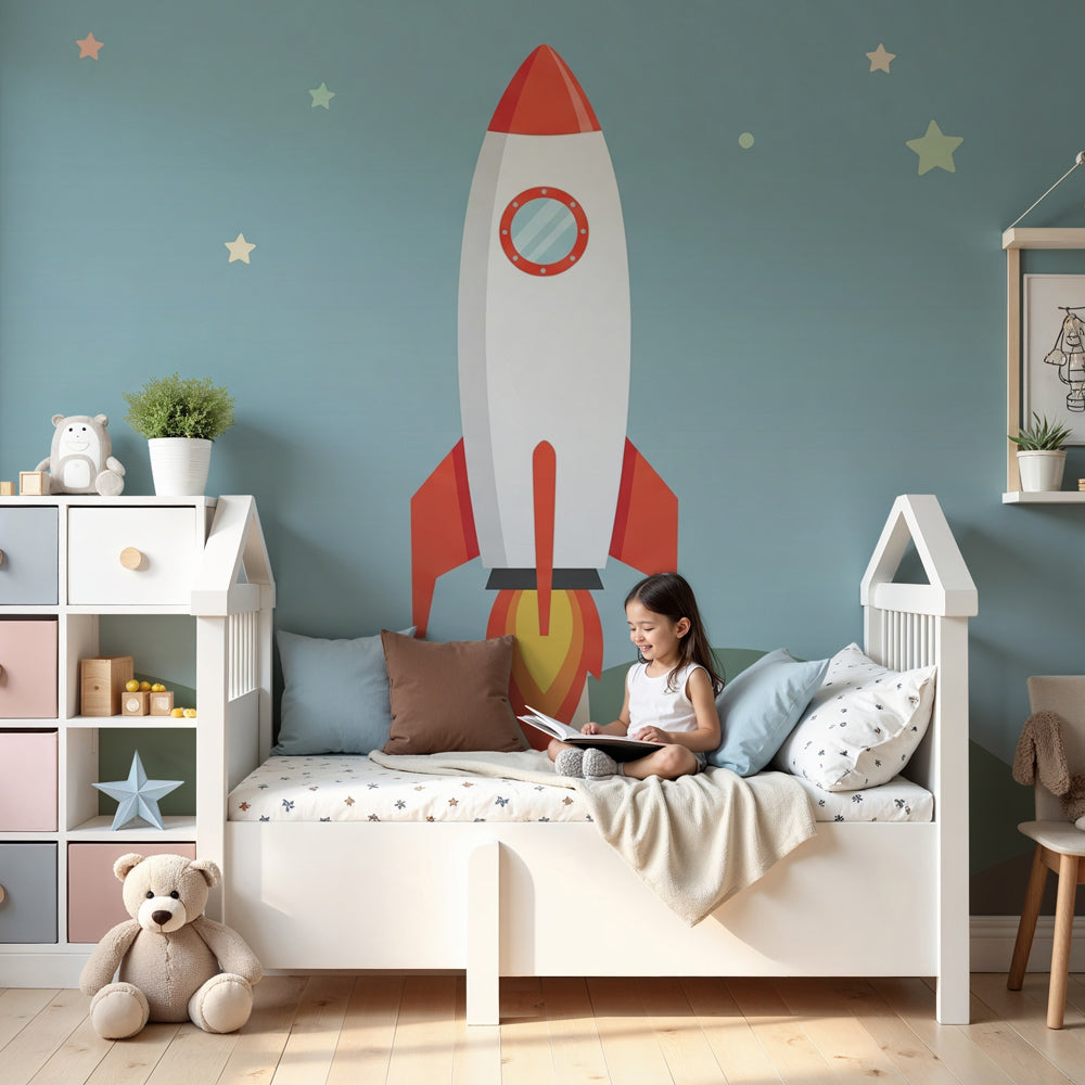 Space rocket mural wallpaper in modern nursery with starry sky design by Kids-Mundo