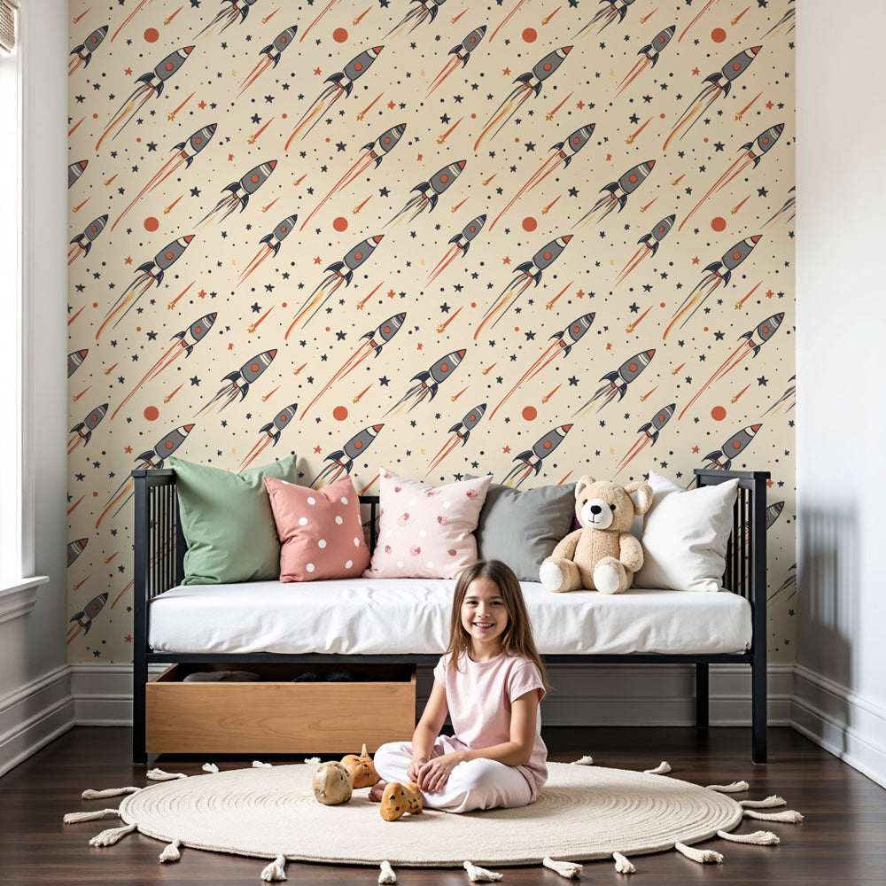 Space rocket mural wallpaper with stars on beige in modern nursery by Kids-Mundo