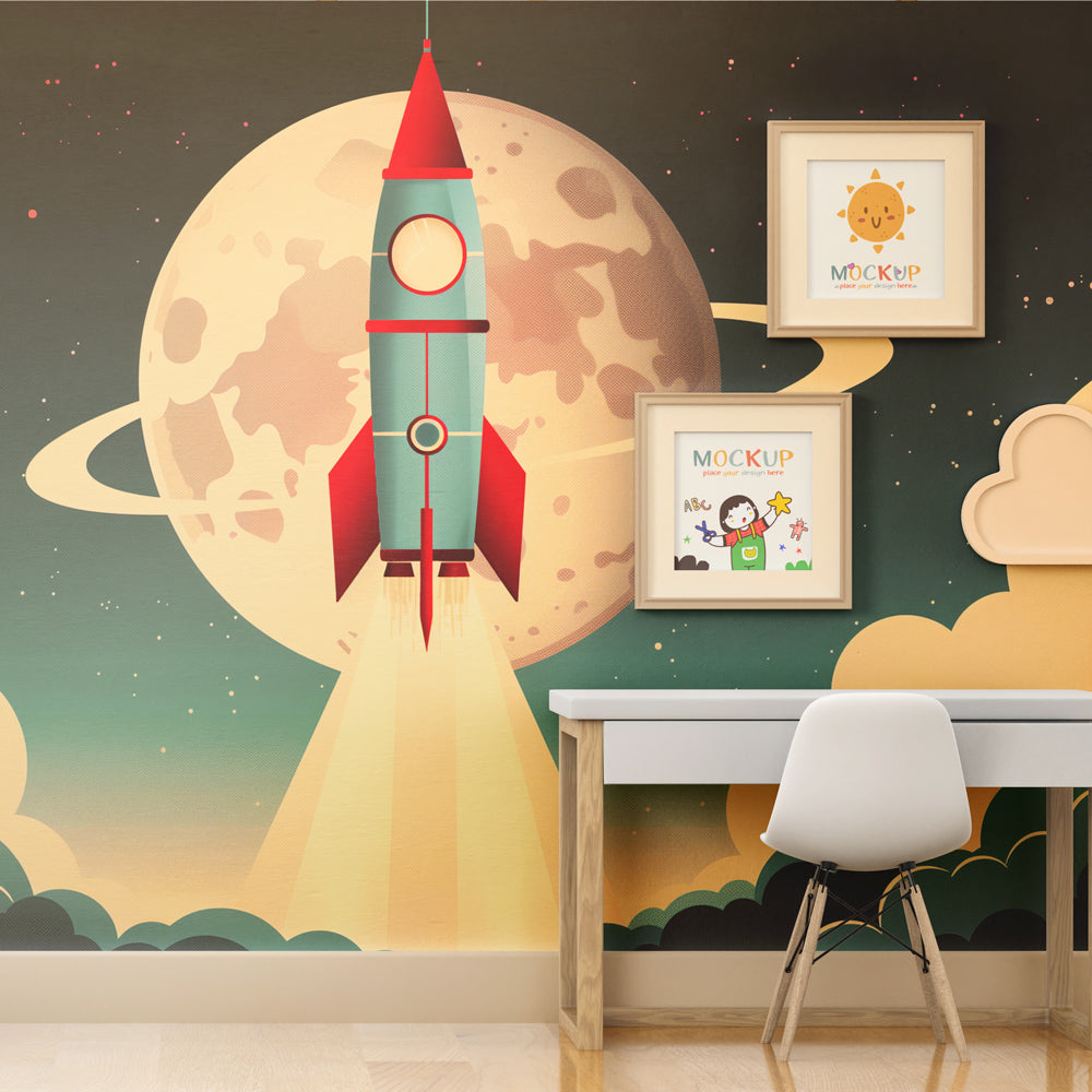 Colorful space adventure wallpaper creating cosmic themed nursery decor