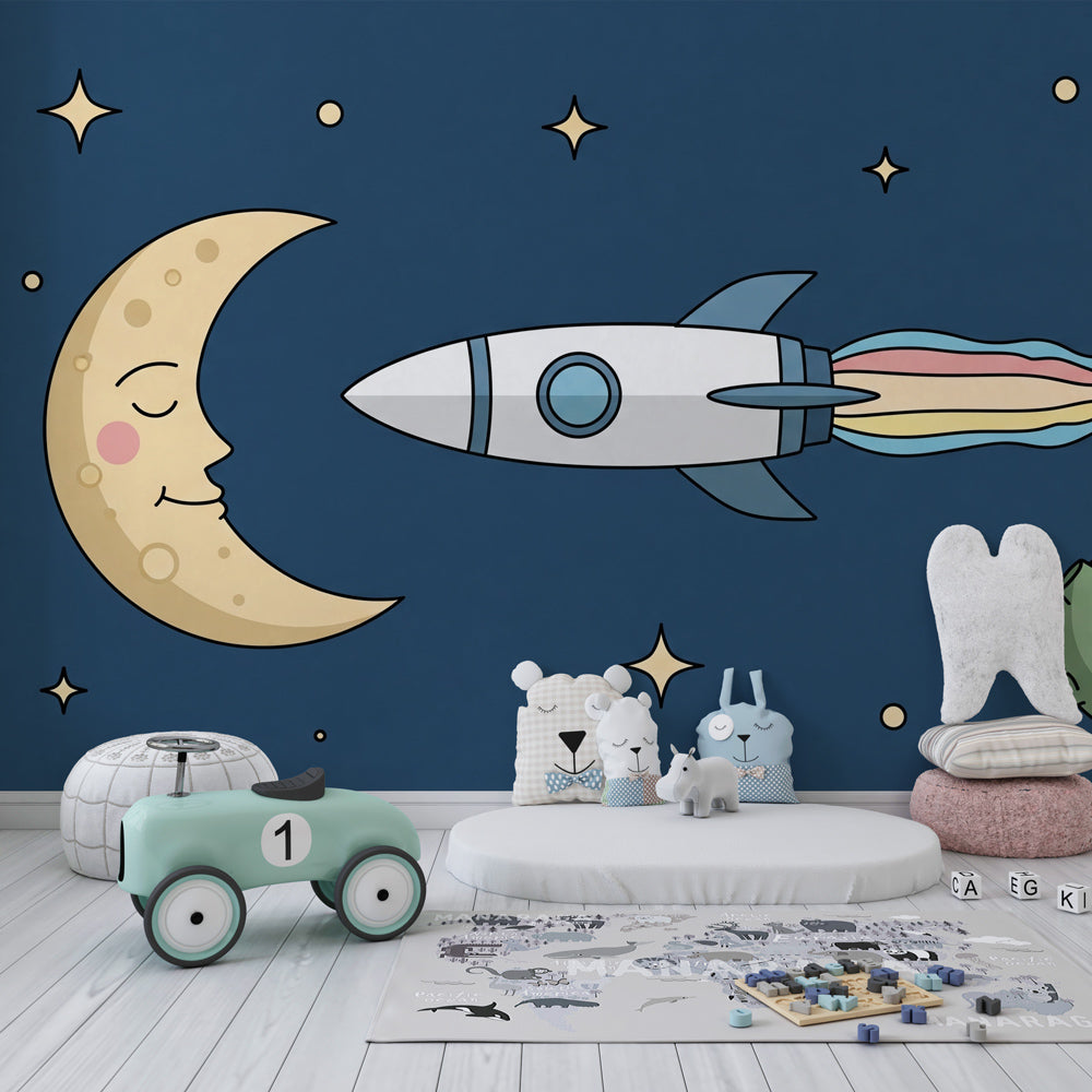 Intergalactic themed wallpaper creating cosmic nursery decor with rocket and planets