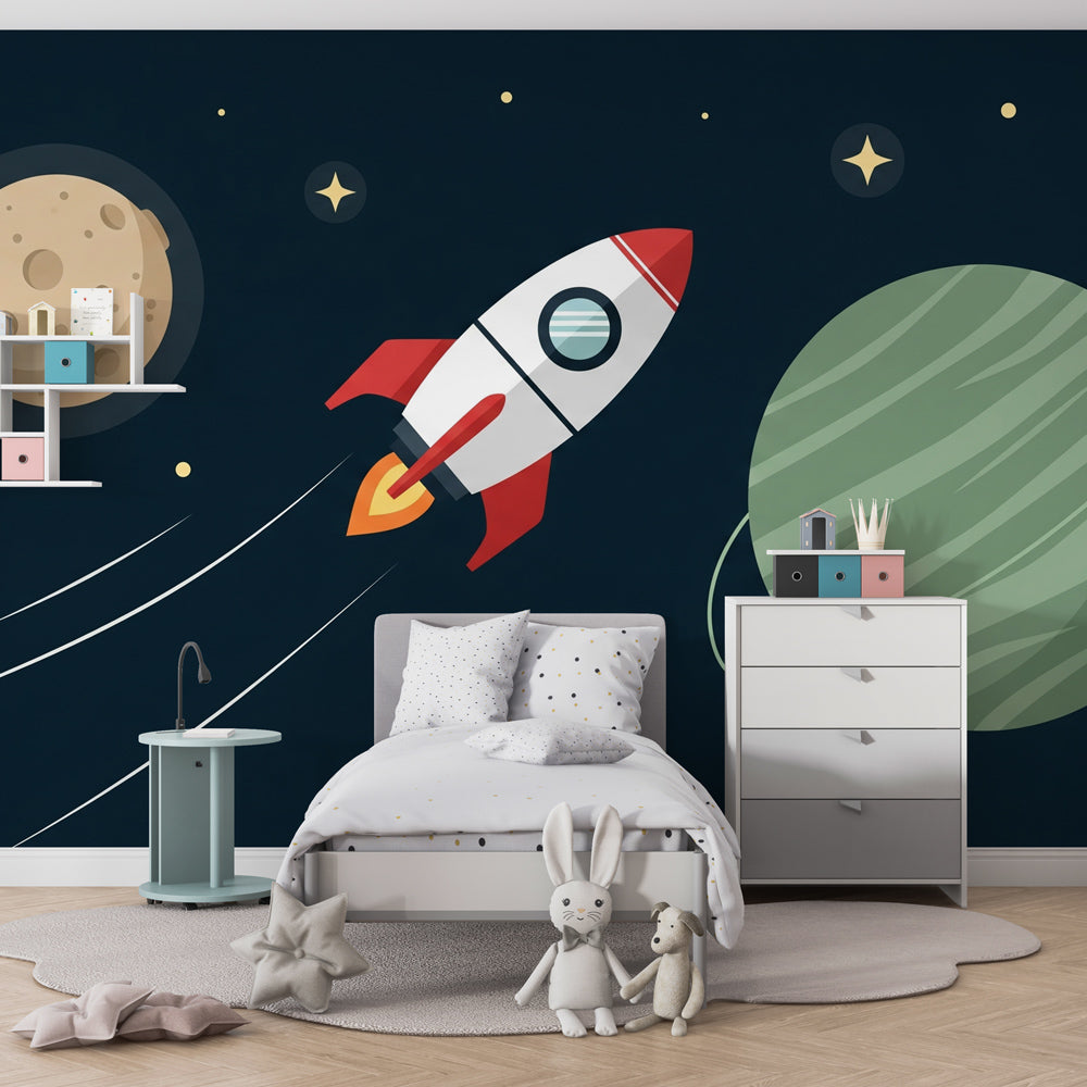 Galaxy themed mural wallpaper with rocket and planets for inspiring nursery space decor