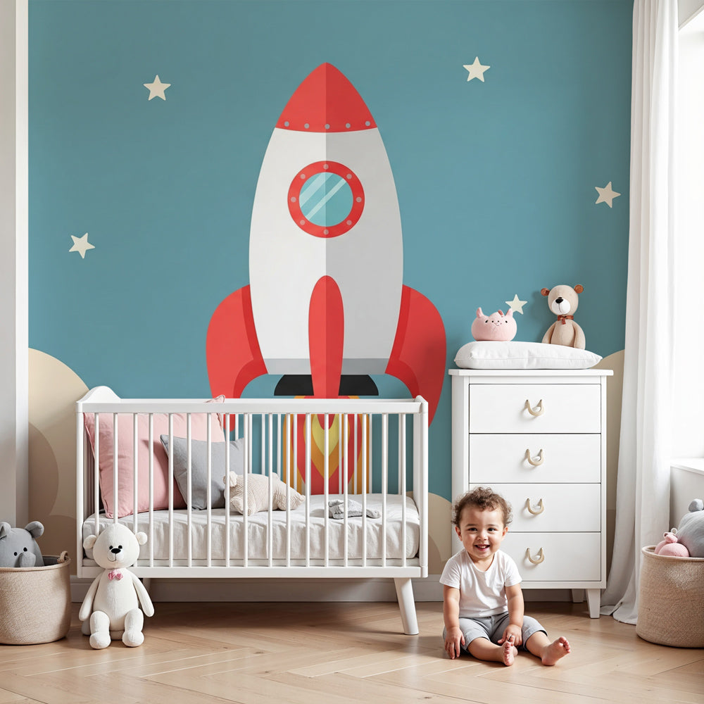 Space rocket mural wallpaper creating cosmic adventure atmosphere in modern kids nursery by Kids-Mundo