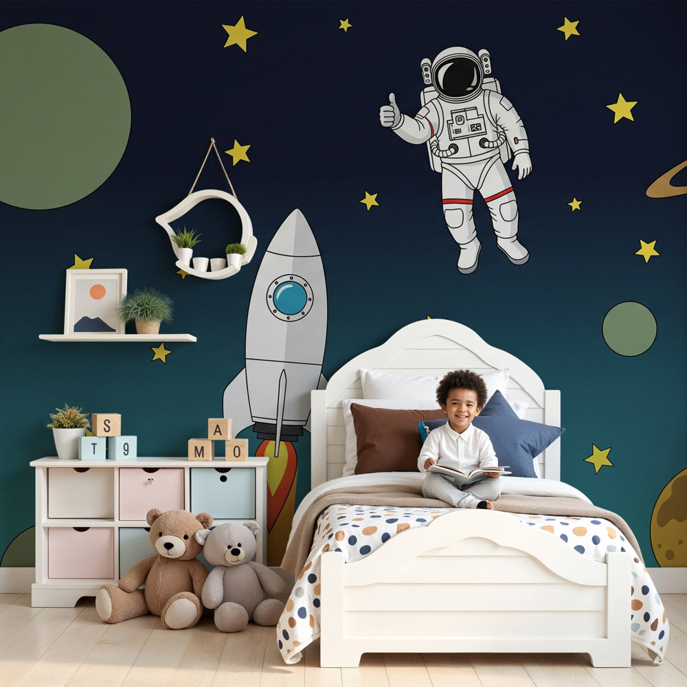 Space rocket mural wallpaper with astronaut creating magical nursery decor by Kids-Mundo