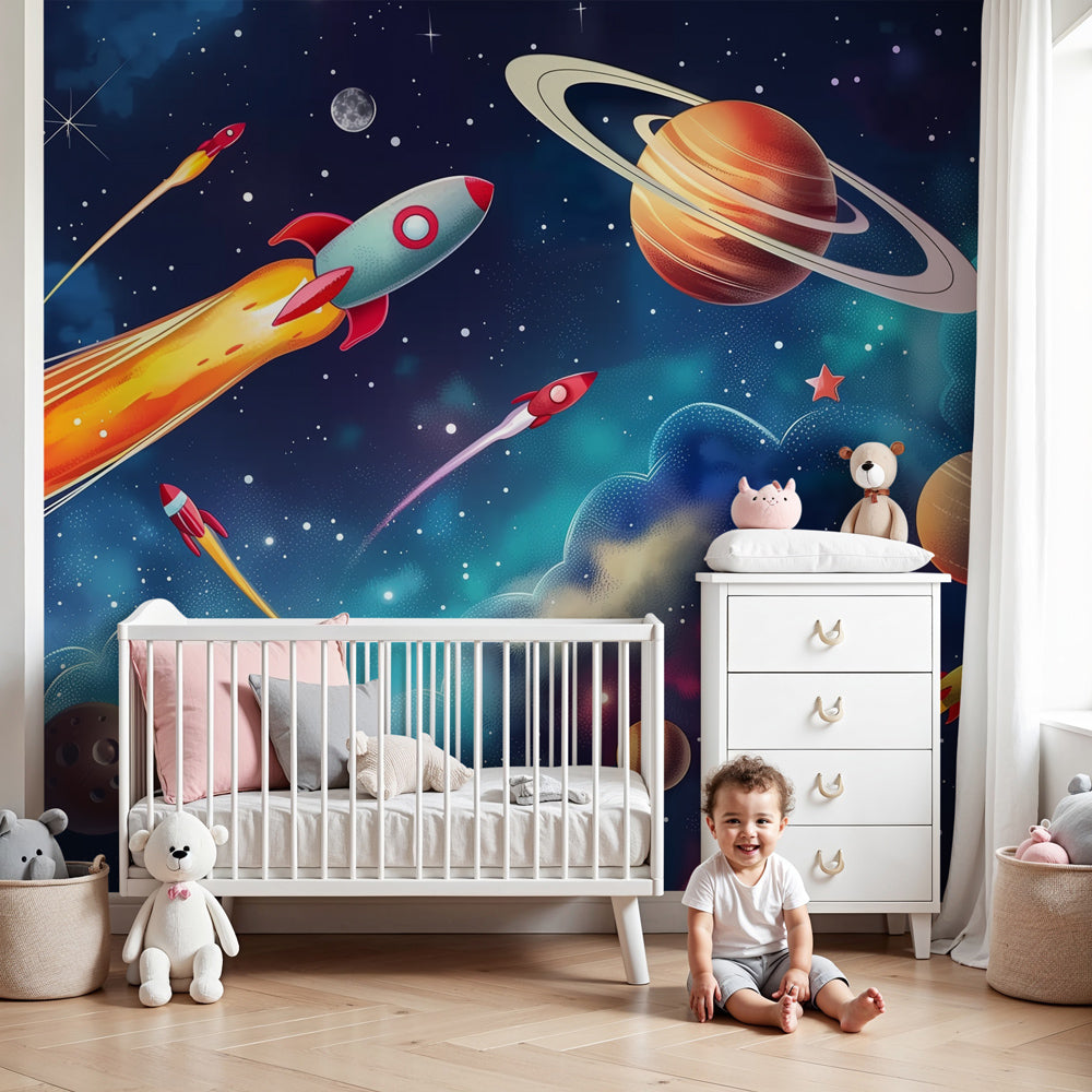 Space rocket mural wallpaper with colorful galaxies in modern nursery by Kids-Mundo