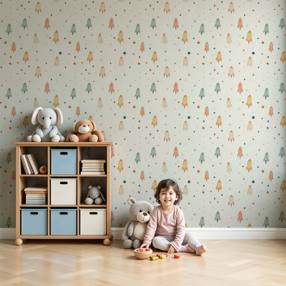 Space rocket mural wallpaper decorating modern nursery with colorful rockets and stars by Kids-Mundo