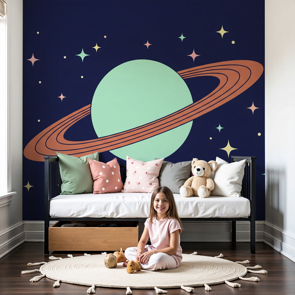 Space Saturn mural wallpaper in modern kids bedroom with starry night theme by Kids-Mundo