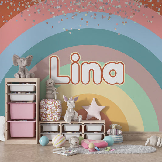 Kids-Mundo sparkly rainbow wall mural styled above a bed in a kids bedroom