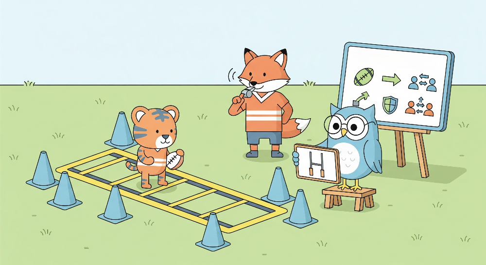 Kids-Mundo flat artwork of a tiger cub, fox coach and owl assistant in a sports training scene.