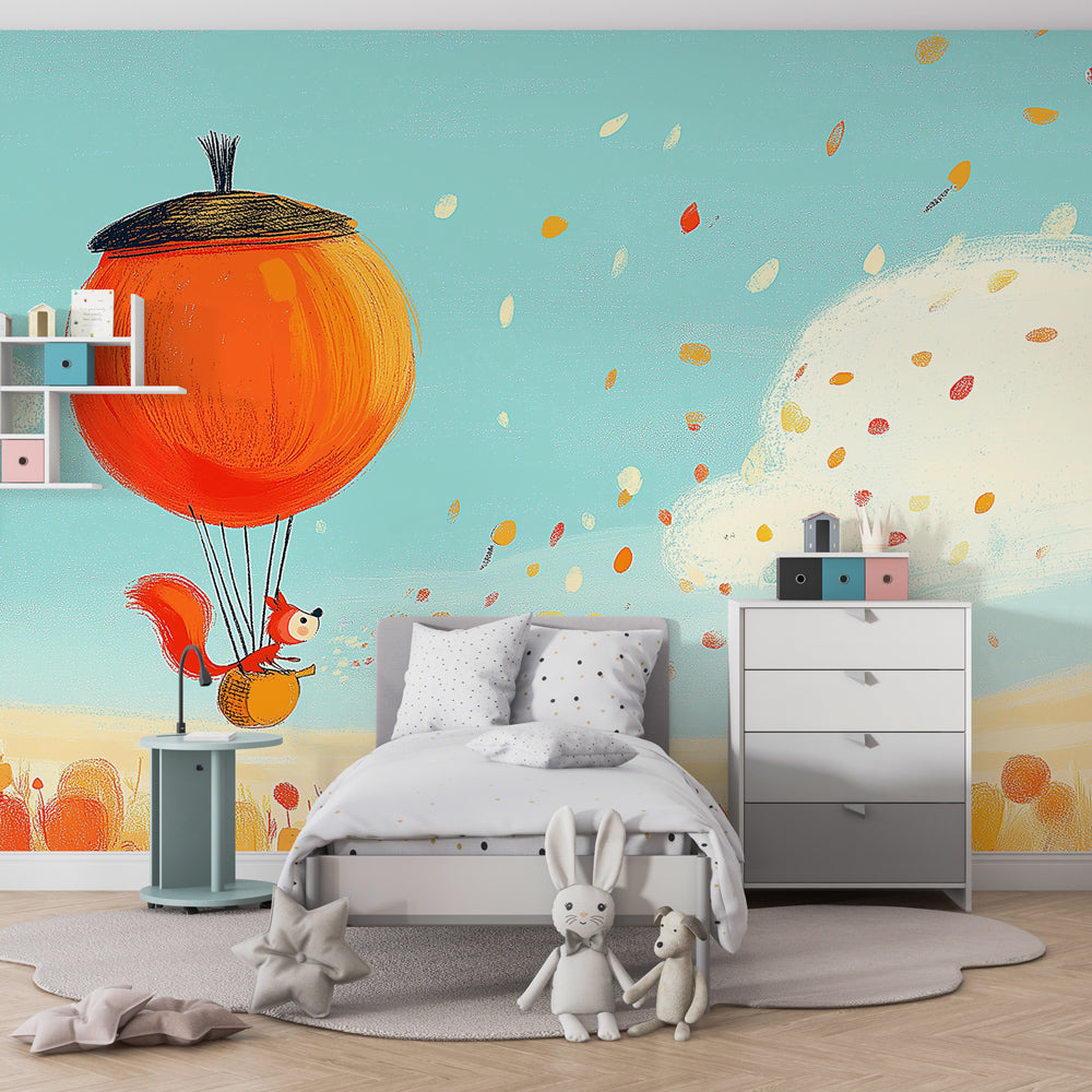 Whimsical squirrel mural wallpaper creating magical nursery decor with autumn sky theme by Kids-Mundo