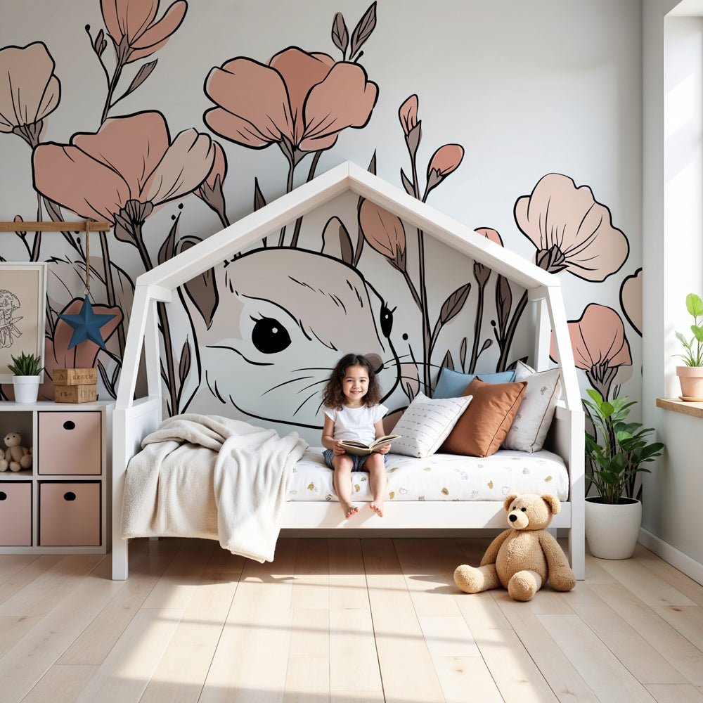 Squirrel floral mural wallpaper creating peaceful nursery decor with pink botanical design by Kids-Mundo