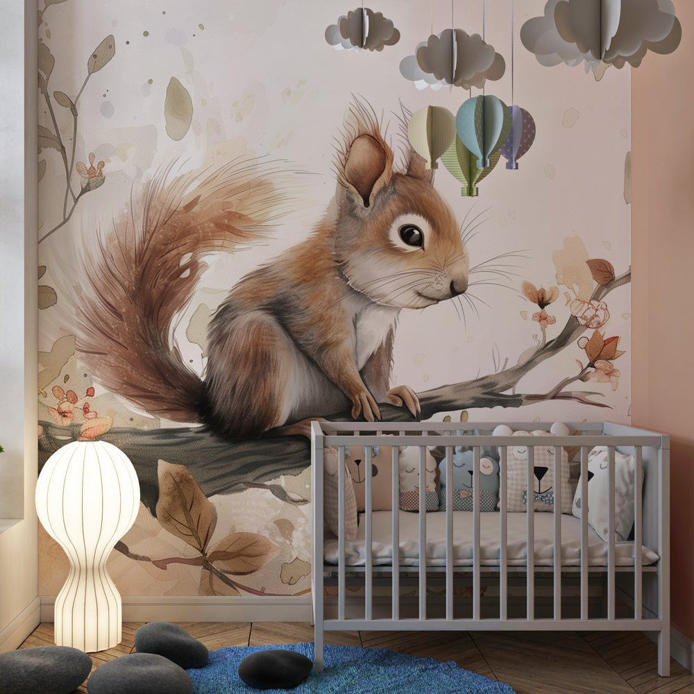 Delicate squirrel and flowering branch mural wallpaper in modern kids bedroom setting