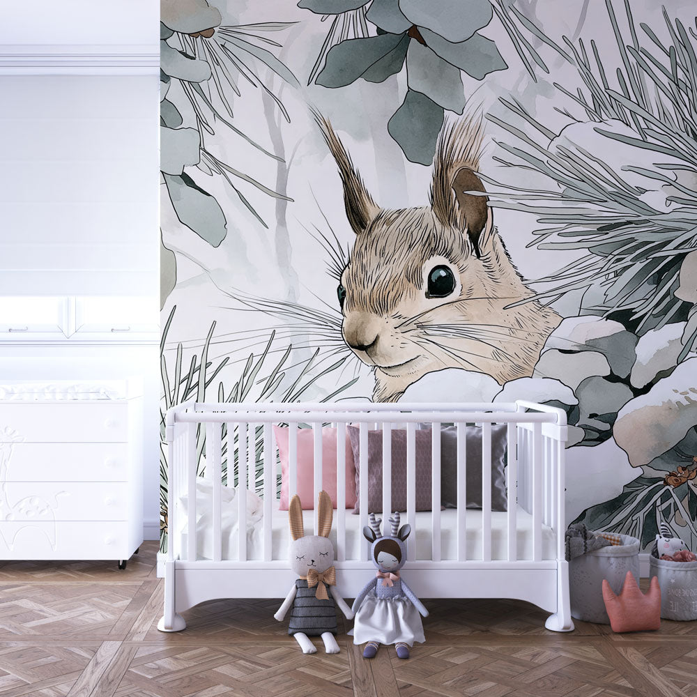 Winter forest squirrel wallpaper in modern children's bedroom with natural wood furniture by Kids-Mundo