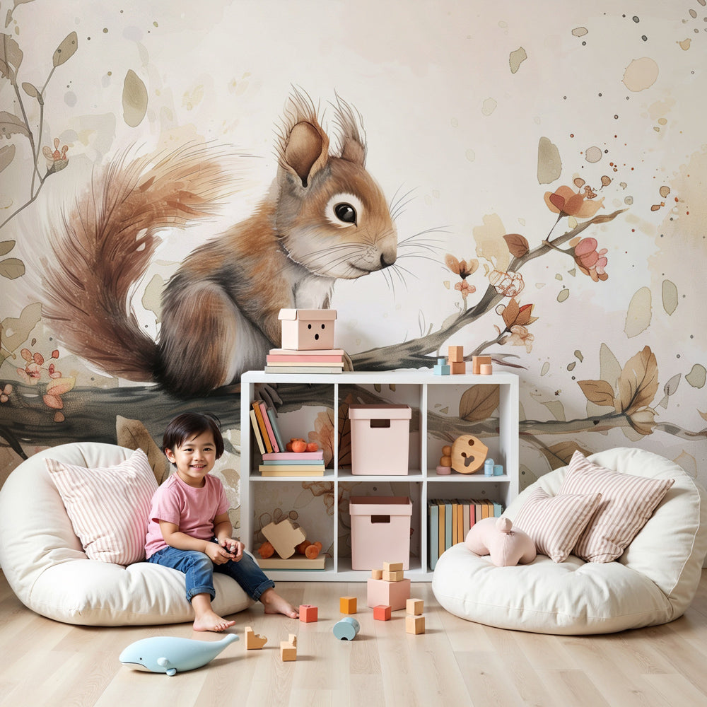 Squirrel mural wallpaper creating peaceful woodland nursery decor with spring blossoms by Kids-Mundo