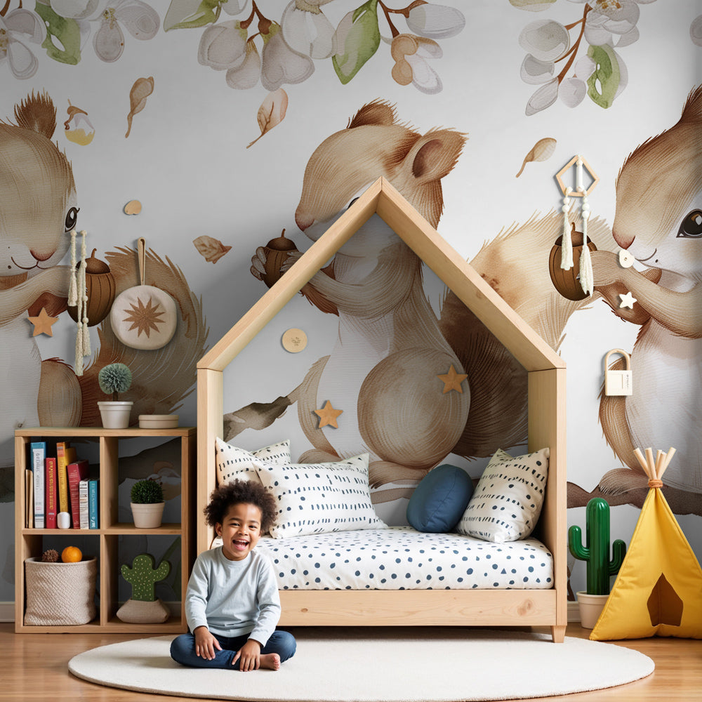 Baby squirrel mural wallpaper in modern nursery with three woodland creatures on flowering branch by Kids-Mundo