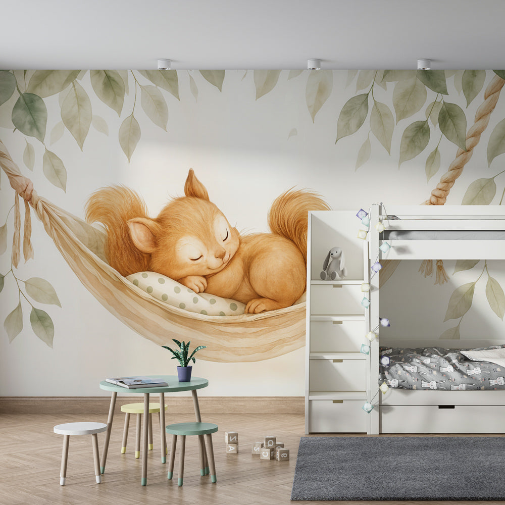 Woodland squirrel wallpaper creating cozy atmosphere in children's bedroom