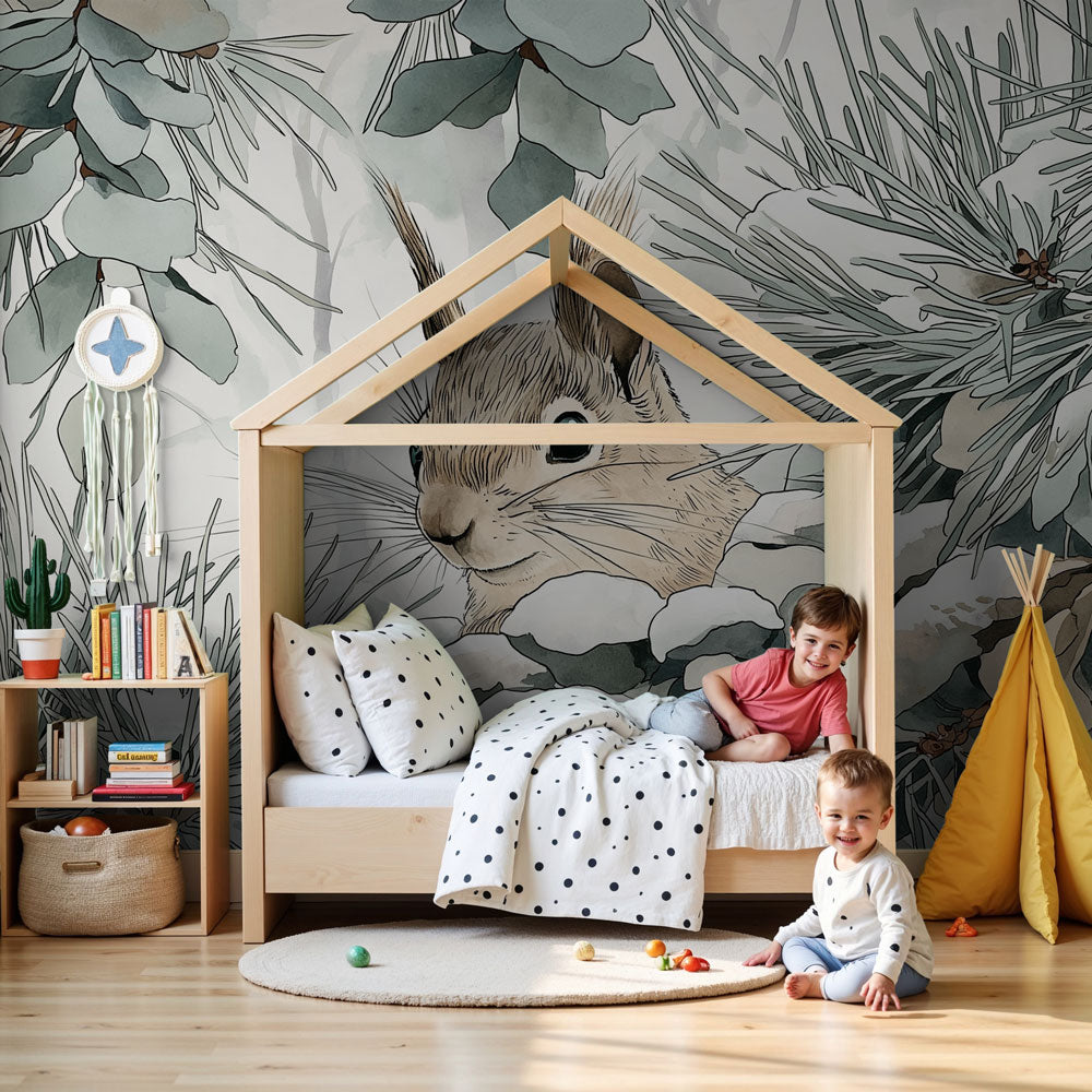 Squirrel mural wallpaper creating peaceful winter nursery decor with snowy forest theme by Kids-Mundo