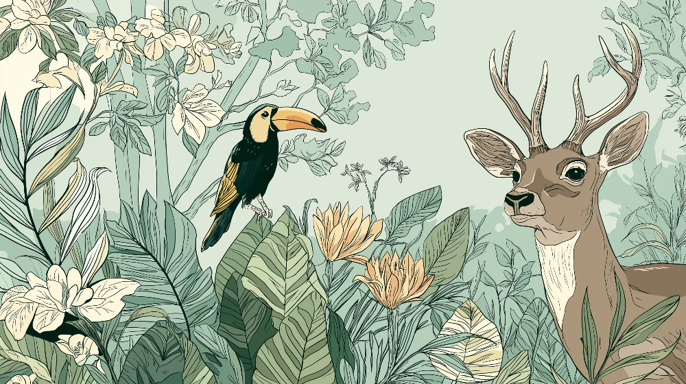 Flowering Jungle Stag and Toucan Wall Mural