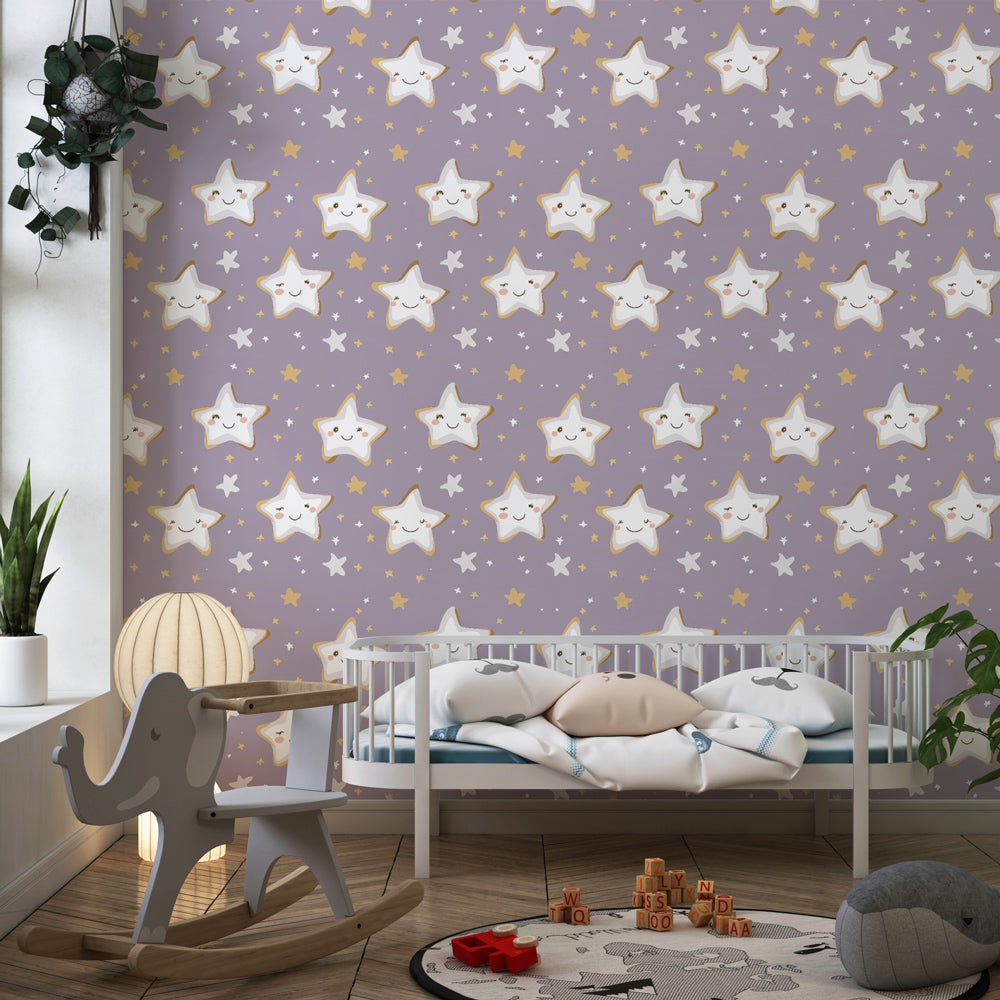 Celestial star wallpaper with cheerful expressions decorating children's bedroom wall