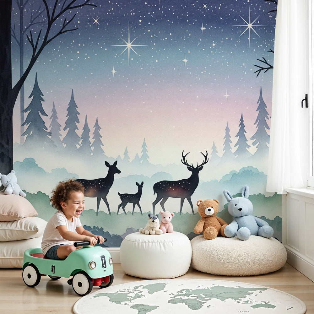 Starry forest mural wallpaper with deer in elegant nursery room setting by Kids-Mundo