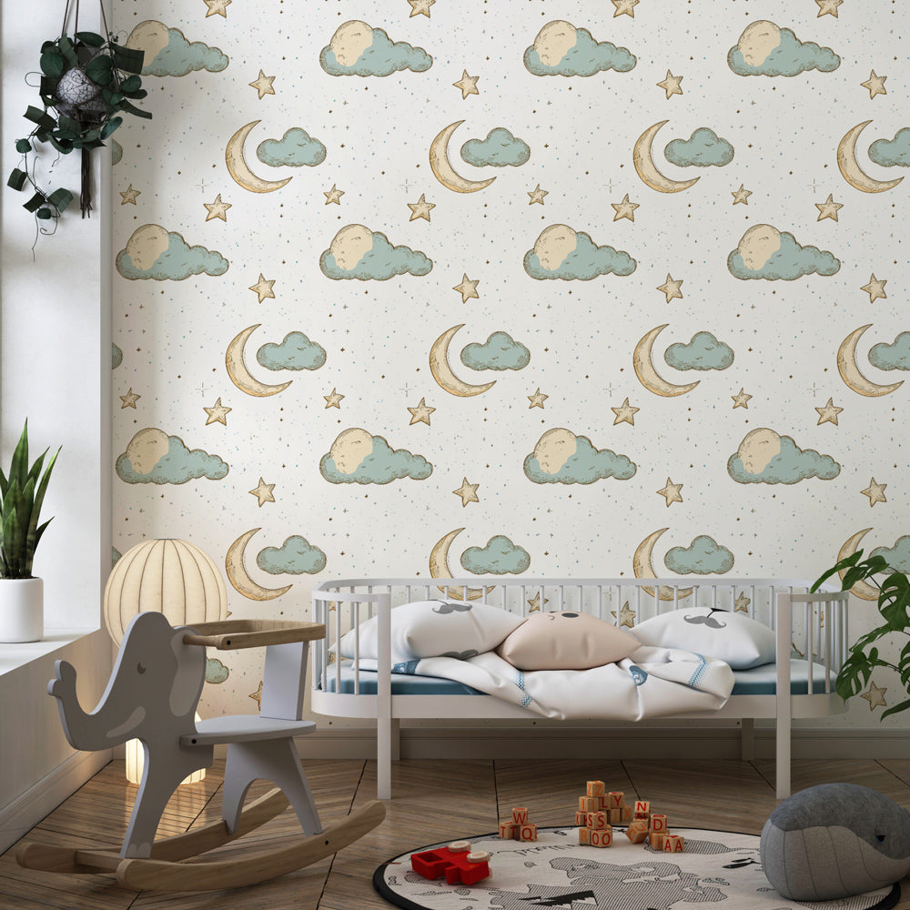 Celestial night sky wallpaper creating peaceful children's bedroom decor with dreamy atmosphere