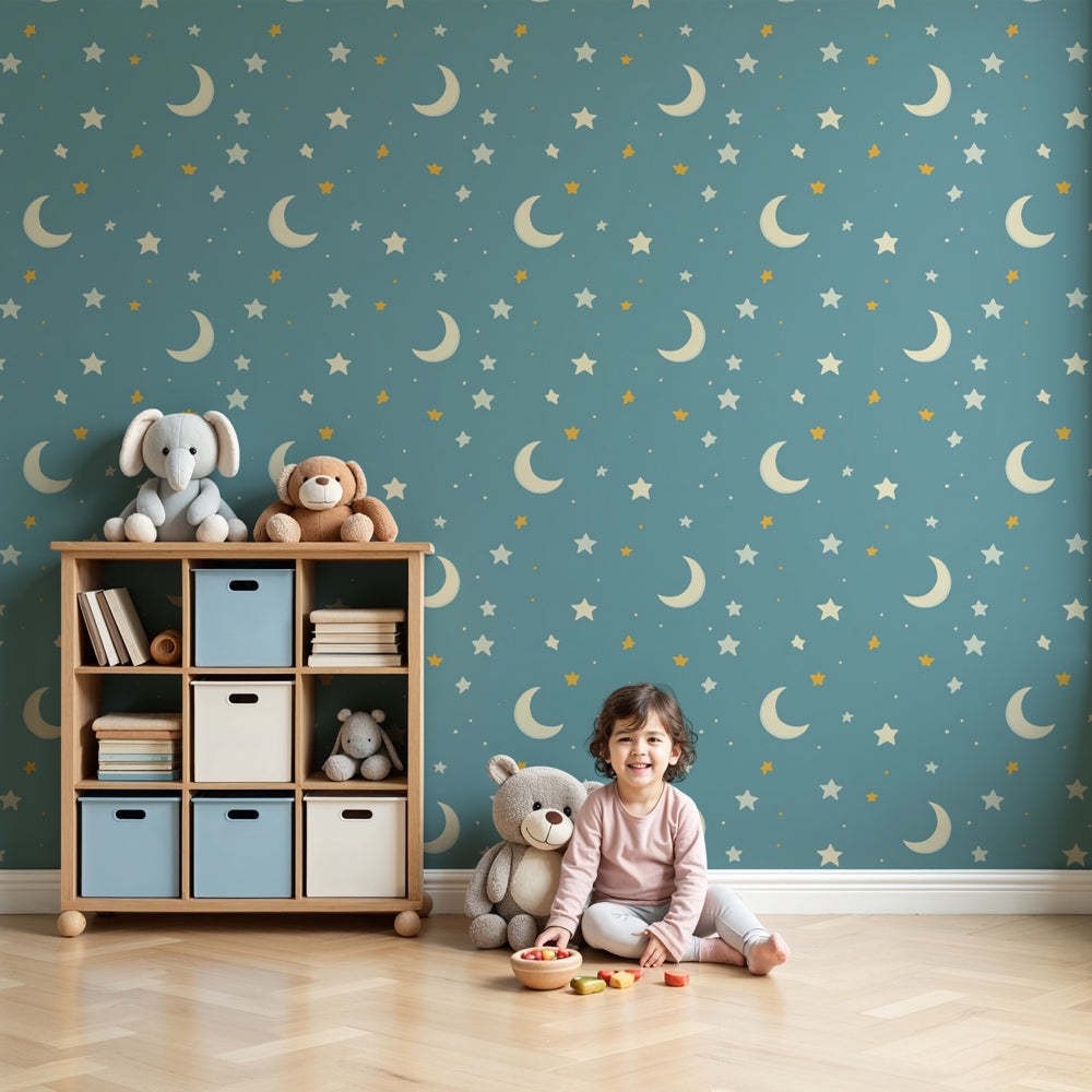 Starry sky mural wallpaper with golden moons and stars in modern nursery by Kids-Mundo