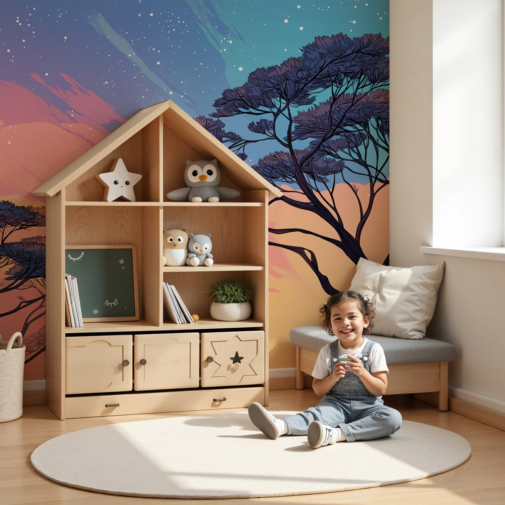 Starry sky mural wallpaper with tree silhouettes in modern nursery setting by Kids-Mundo