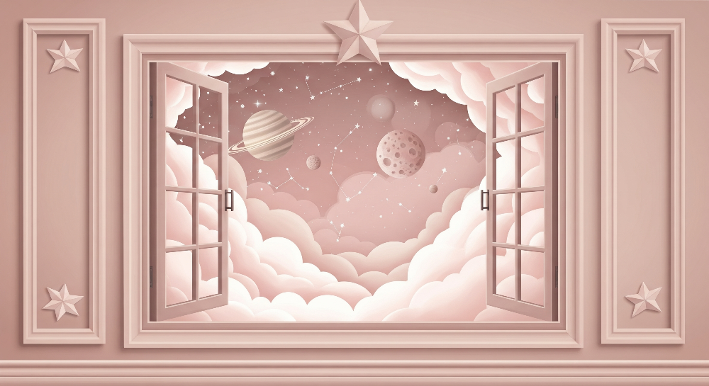 Flat artwork preview of the Kids-Mundo starry window wall mural with clouds and planets