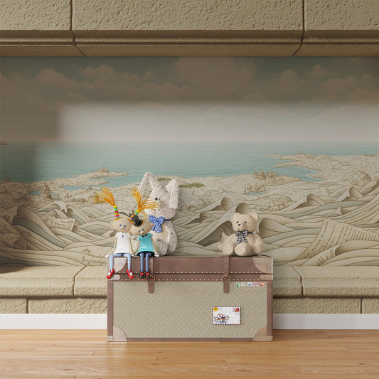 Kids-Mundo ocean waves wall mural behind a bed in a soft-toned kids bedroom.