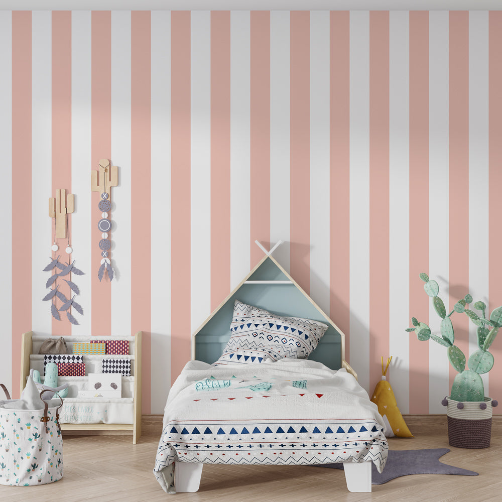 Pink vertical stripe wallpaper creating serene atmosphere in children's bedroom decor