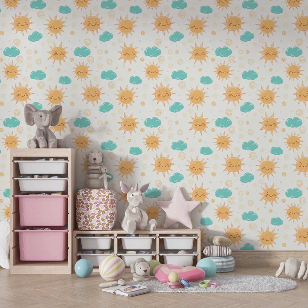 Children's bedroom with sun clouds wallpaper featuring orange and blue color scheme by Kids-Mundo