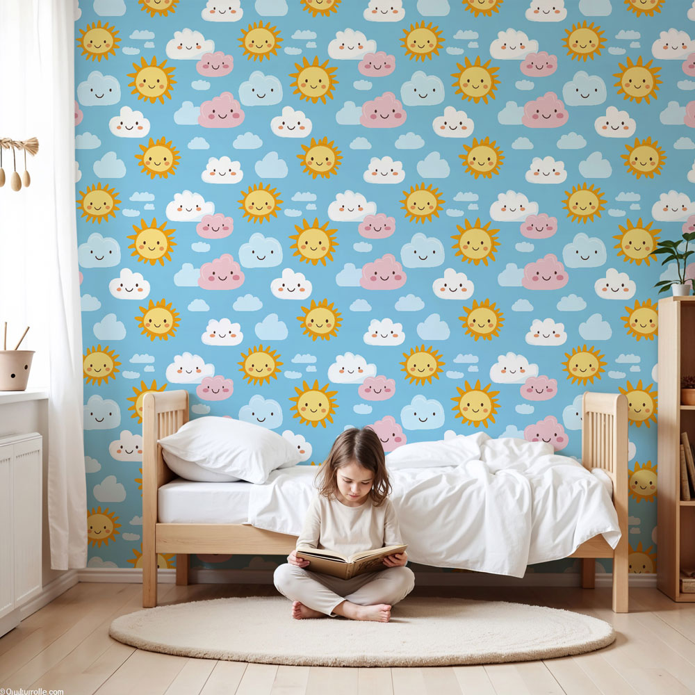 Sunny sky mural wallpaper with smiling clouds in bright kids nursery by Kids-Mundo