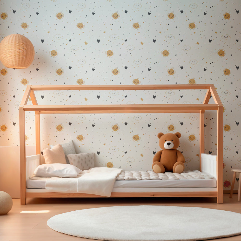 Kids bedroom featuring sunshine clouds wallpaper with golden sun motifs and soft cloud patterns
