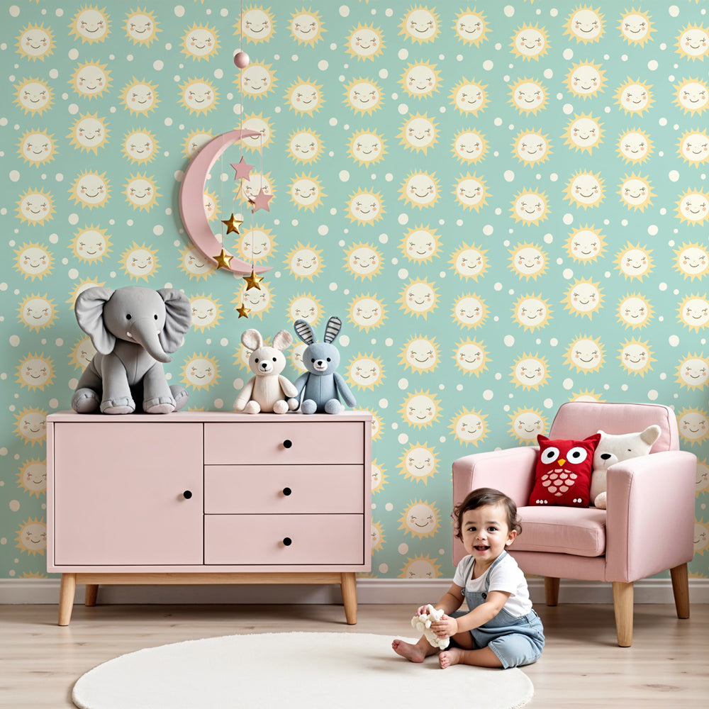 Sunshine mural wallpaper with happy sun rays creating bright nursery decor by Kids-Mundo