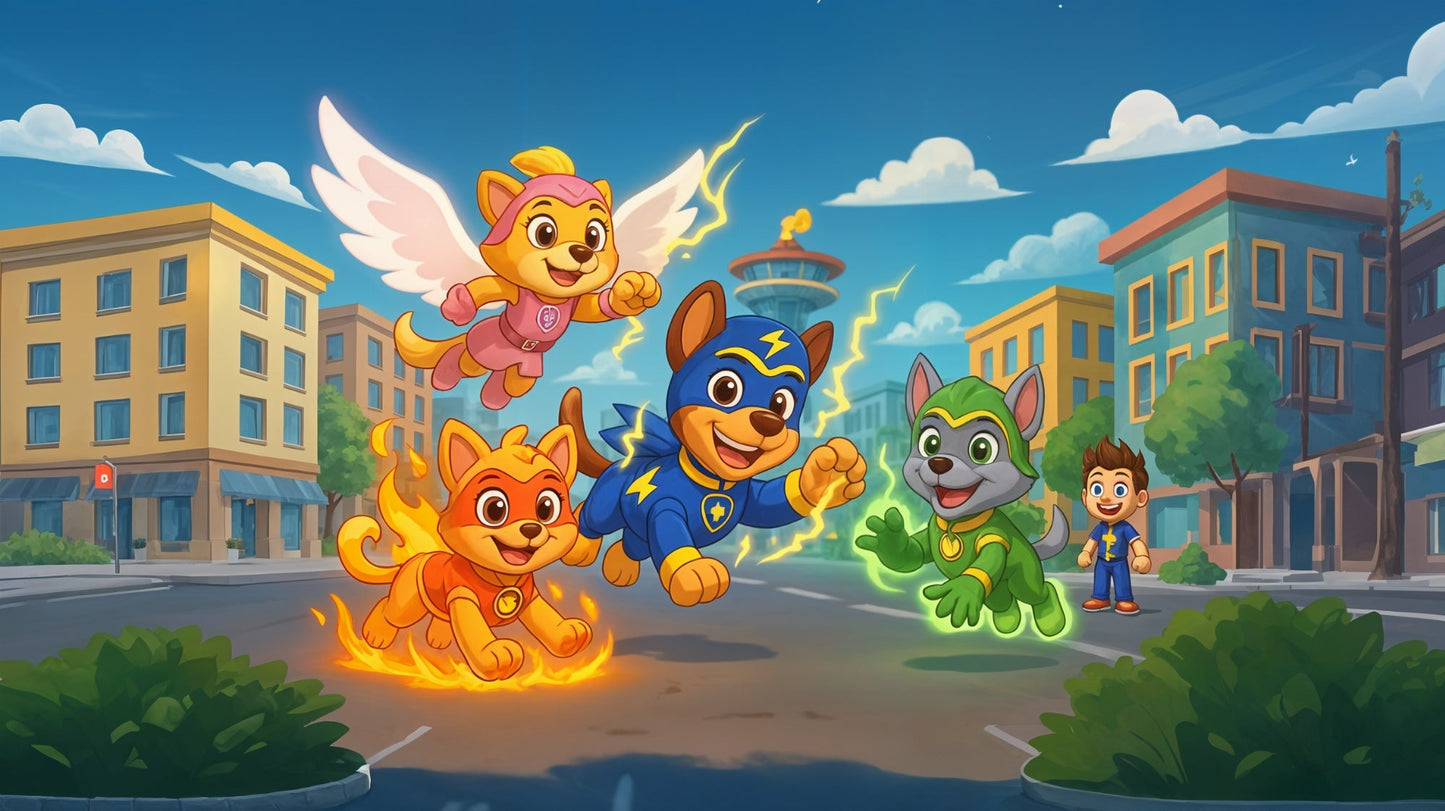 Flat artwork preview of the Kids-Mundo superhero animal squad wall mural showing hero pets over a city street