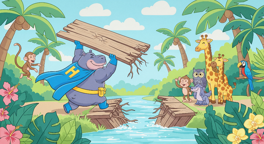Kids-Mundo flat artwork preview of a caped hippo hero and jungle animal friends at a bridge.