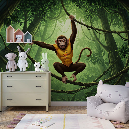 Kids-Mundo jungle monkey wall mural as a bold feature wall in a kids' bedroom.