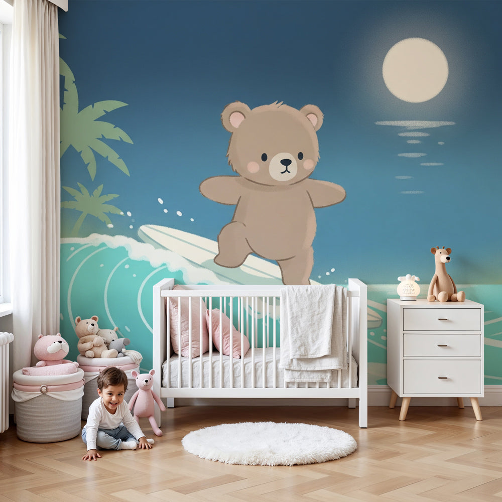 Surfing bear ocean mural wallpaper in modern nursery with coastal decor by Kids-Mundo