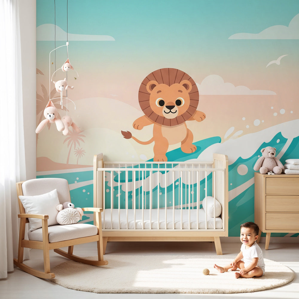 Surfing lion mural wallpaper in bright children's bedroom with tropical ocean theme by Kids-Mundo