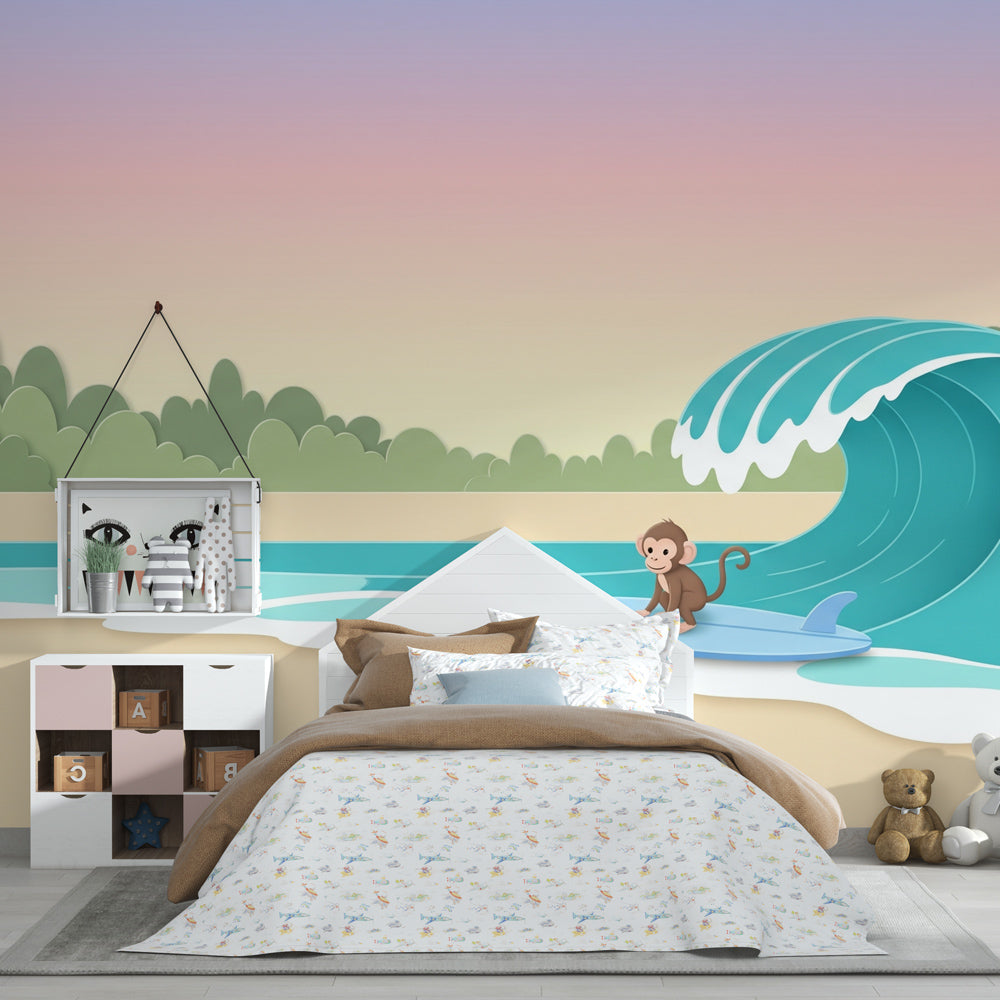 Beach adventure monkey wallpaper creating playful kids bedroom atmosphere with coastal vibes