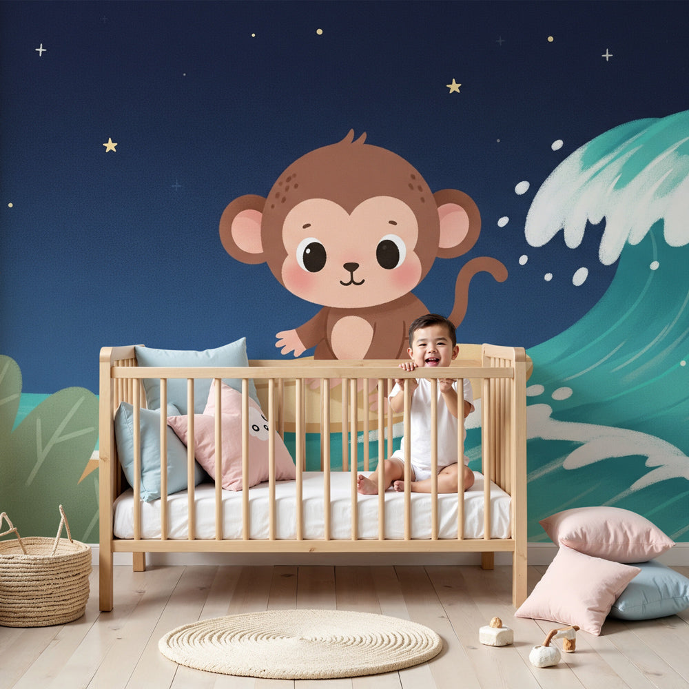Surfing monkey mural wallpaper in modern nursery with starry ocean waves by Kids-Mundo