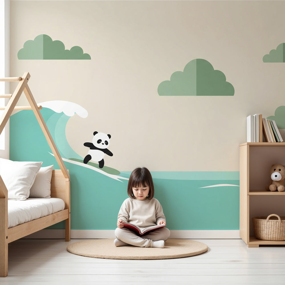 Surfing panda mural wallpaper in modern nursery with ocean theme decor by Kids-Mundo