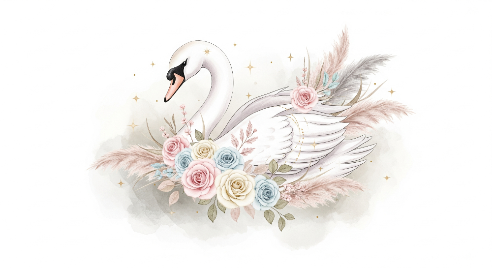 Kids-Mundo flat artwork of a swan surrounded by pastel roses for this wall mural