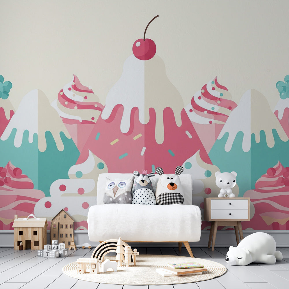 Colorful candy paradise mural wallpaper creating whimsical nursery atmosphere with pastel tones
